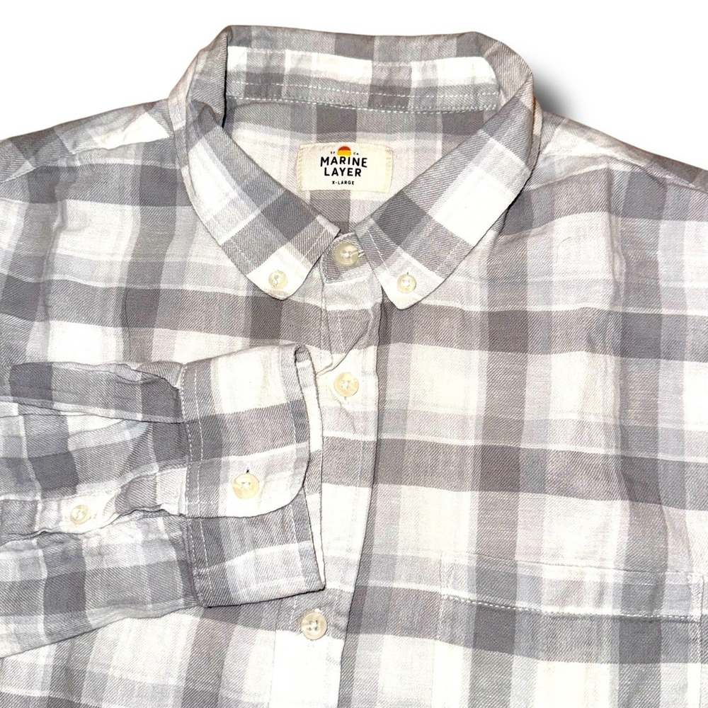 MARINE LAYER Button Front Shirt Men XL Plaid Linen-Blend L/S